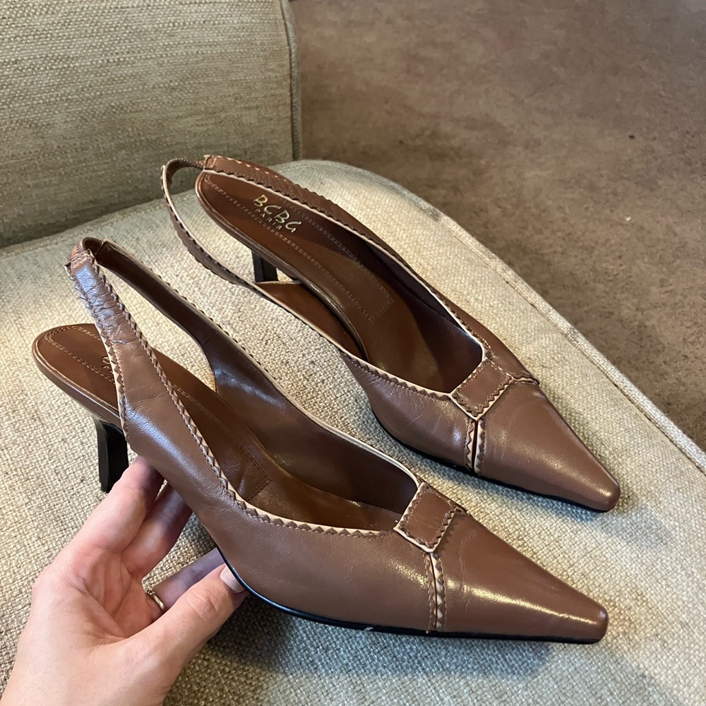 Bcbg brown leather point toe heels